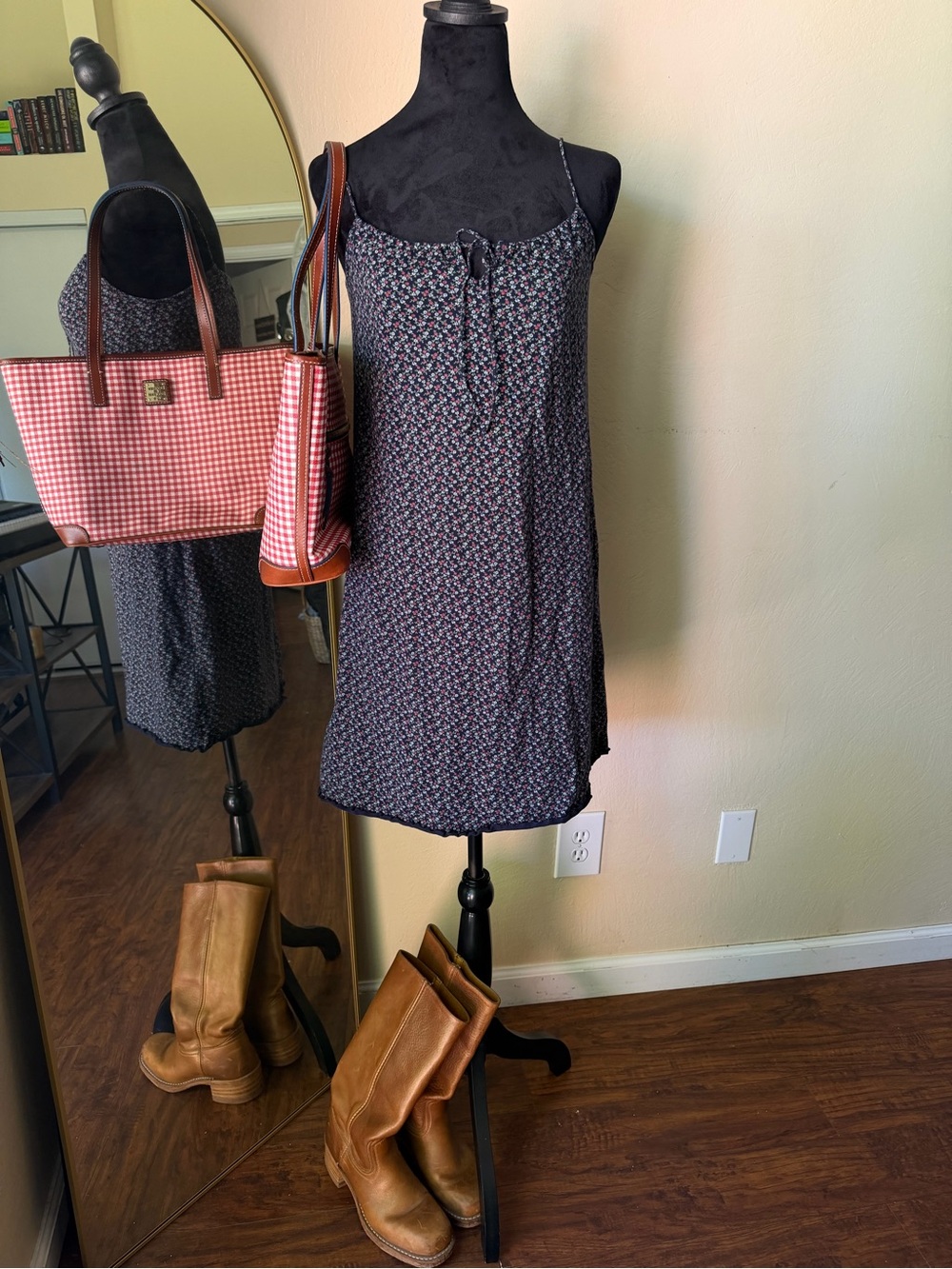 90s Ralph Ralph Lauren plaid label iconic floral dress small 100% cotton blue